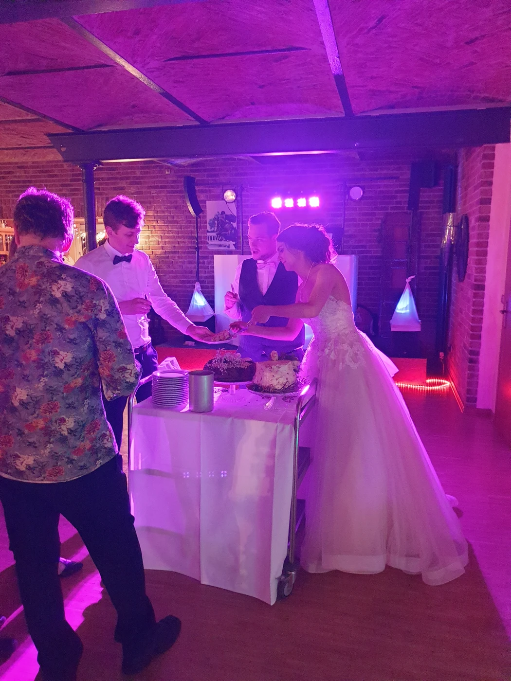 Brautpaar beim Anschneiden der Hochzeitstorte vor der Lichttechnik von DJ Yugeen