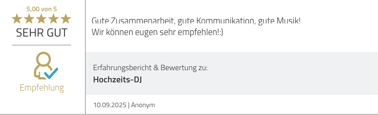 ProvenExpert-Rezension „Gute Zusammenarbeit, gute Kommunikation, gute Musik!“ – fünf von fünf Sternen, anonym, 10.09.2025