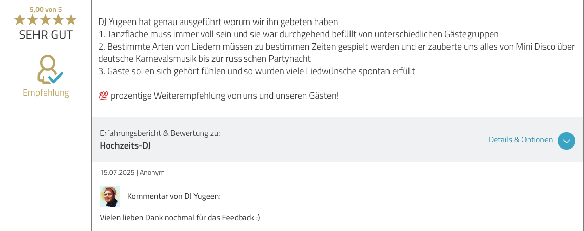 ProvenExpert-Rezension: Tanzfläche war durchgehend voll, Musikwünsche wurden spontan erfüllt, 100-prozentige Weiterempfehlung – fünf von fünf Sternen, 15.07.2025