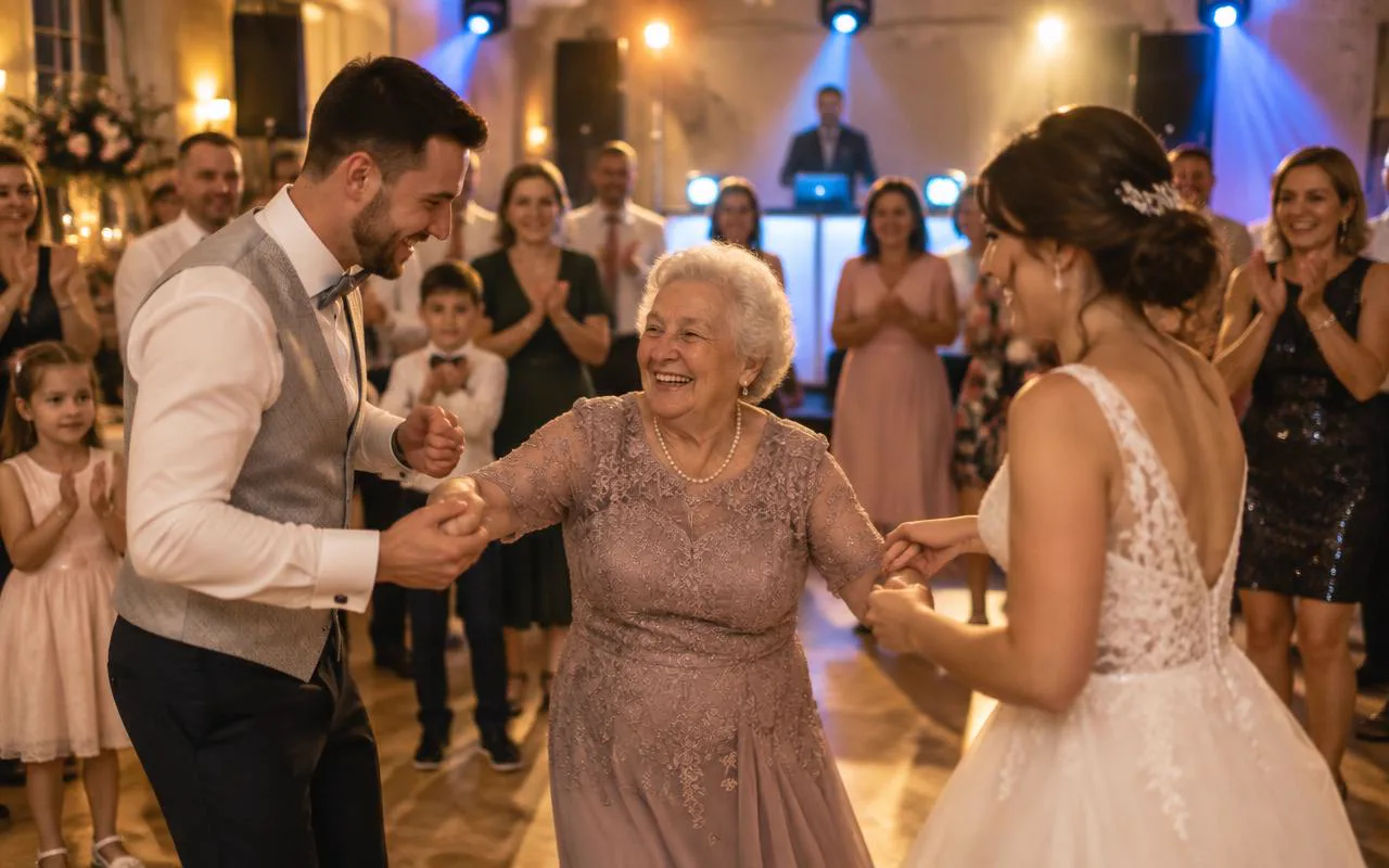 Großmutter tanzt mit dem Brautpaar auf der Hochzeitstanzfläche unter warmer DJ-Lichttechnik